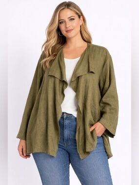Go Silk 3X Olive Green 100% Linen Long Sleeve Open Front Cardigan Teacher Artsy